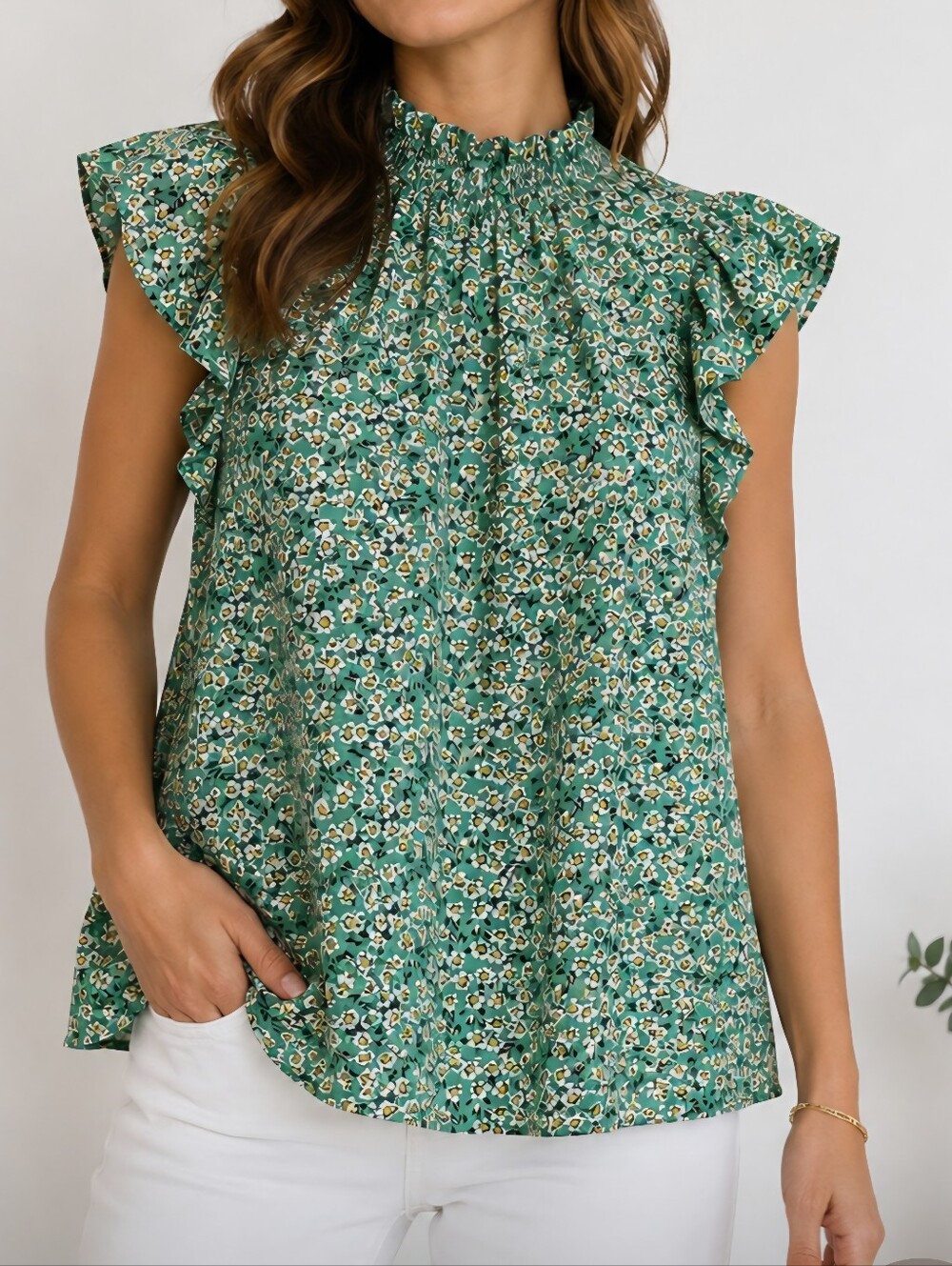 W5- Green Floral Ruffle Sleeve Blouse Womens Large